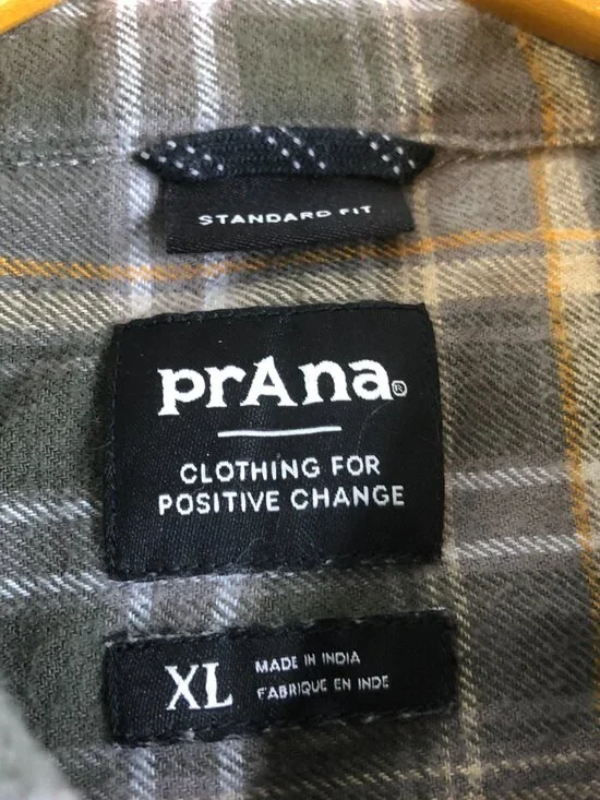 Prana Dolberg Flannel Shirt Mens XL Brown Organic Cotton Standard Button Plaid - Picture 2 of 10